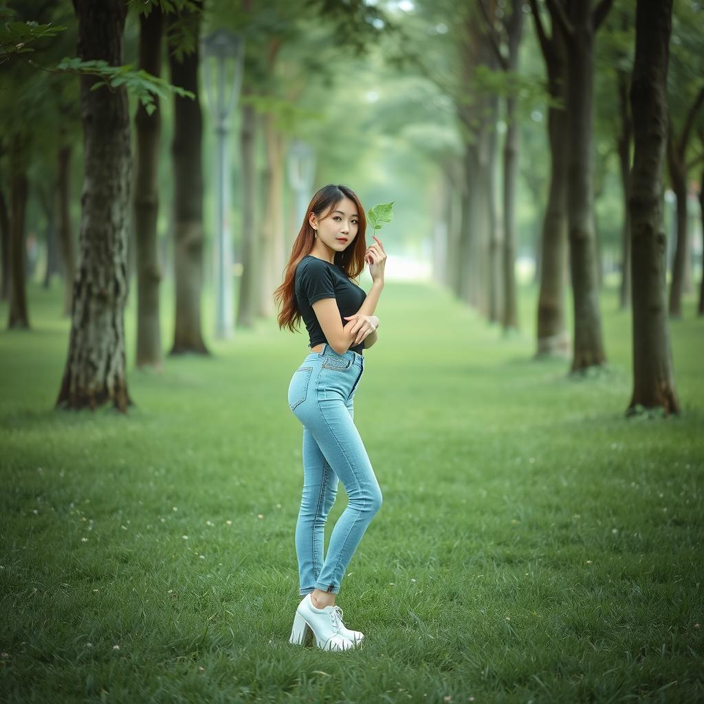 A beautiful Korean woman standing on lush green grass surrounded by tall trees