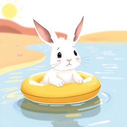 A small white rabbit, adorably sitting in a bright, cheerful swimming ring, faces a body of water with a nervous expression