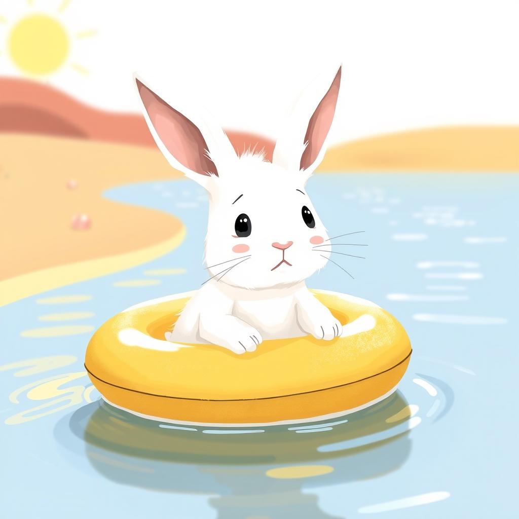 A small white rabbit, adorably sitting in a bright, cheerful swimming ring, faces a body of water with a nervous expression