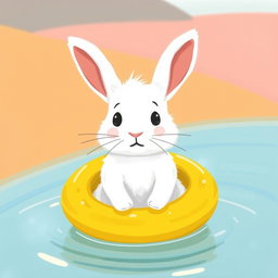 A small white rabbit, adorably sitting in a bright, cheerful swimming ring, faces a body of water with a nervous expression