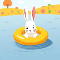A small white rabbit, adorably sitting in a bright, cheerful swimming ring, faces a body of water with a nervous expression