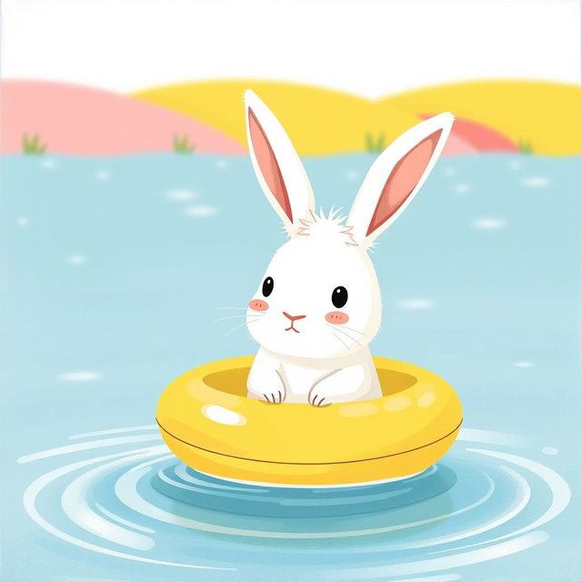 A small white rabbit, adorably sitting in a bright, cheerful swimming ring, faces a body of water with a nervous expression