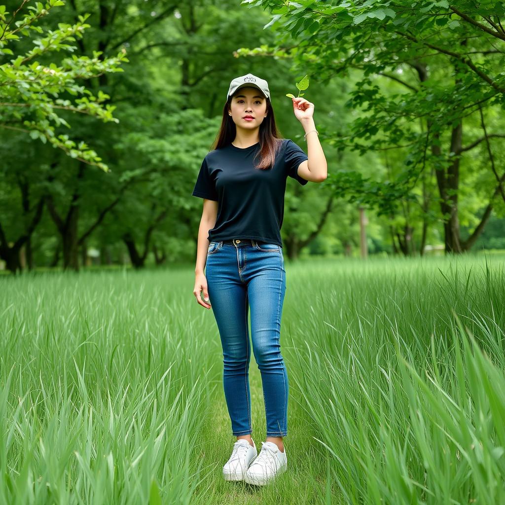 A beautiful Korean woman standing in tall green grass, wearing a black t-shirt, blue jeans, white platform shoes, and a baseball cap