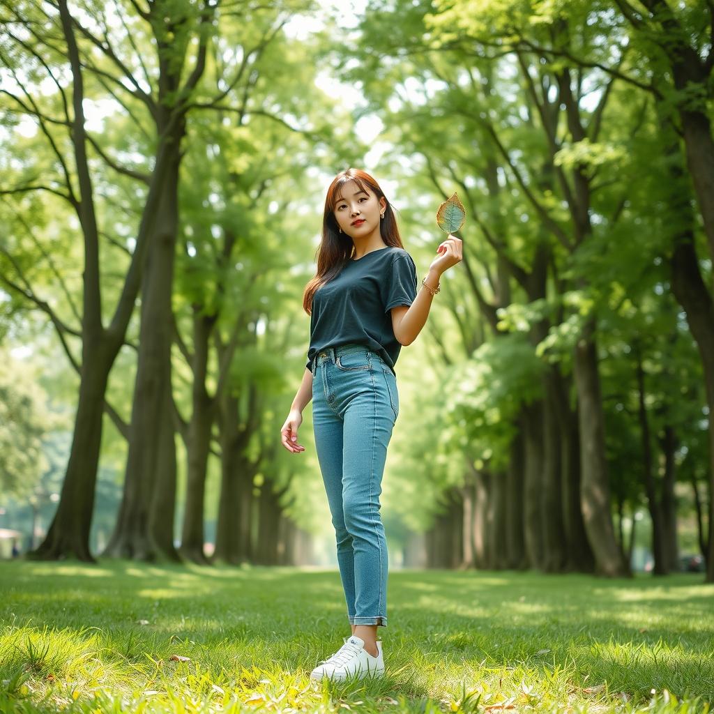 A beautiful Korean woman wearing a black t-shirt, blue jeans, and white platform shoes, standing on lush green grass with tall trees in the background