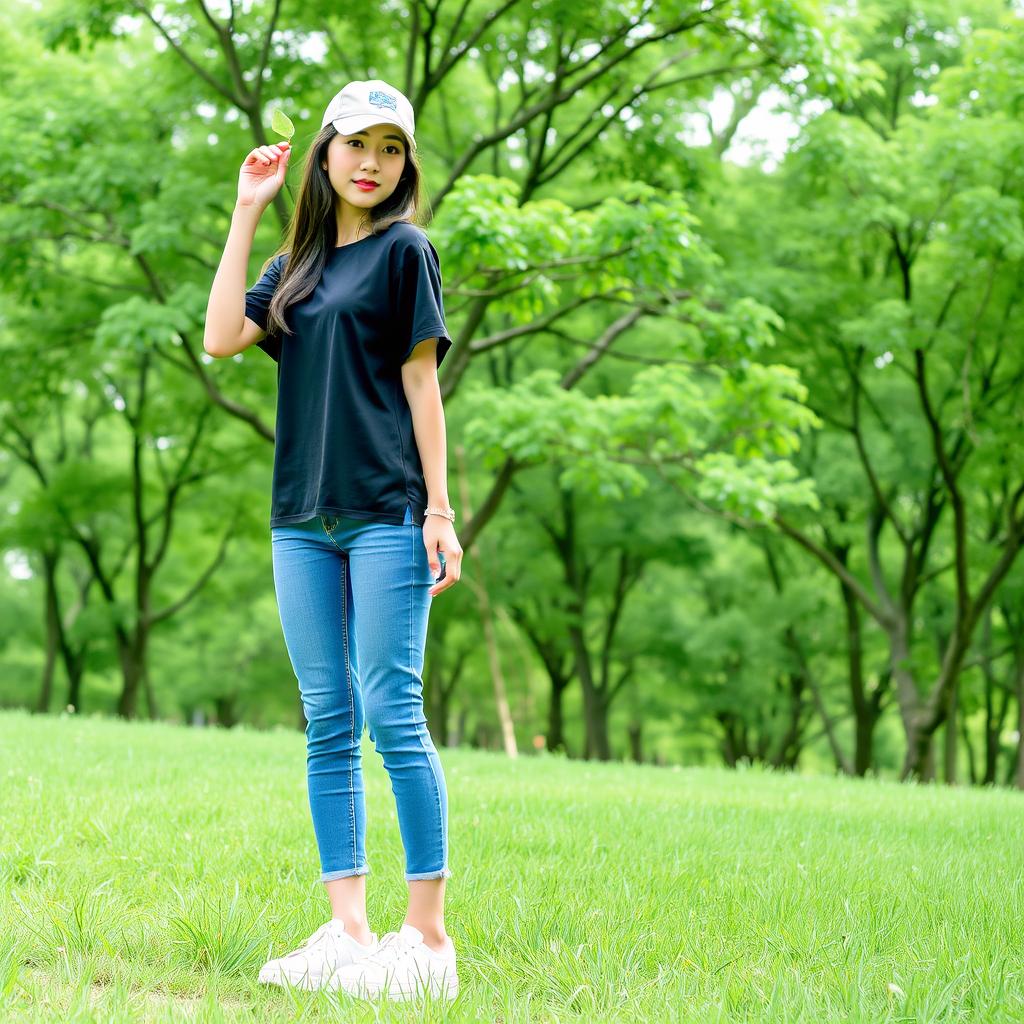 A beautiful Korean woman standing on lush green grass, wearing a black t-shirt, blue jeans, and white platform shoes