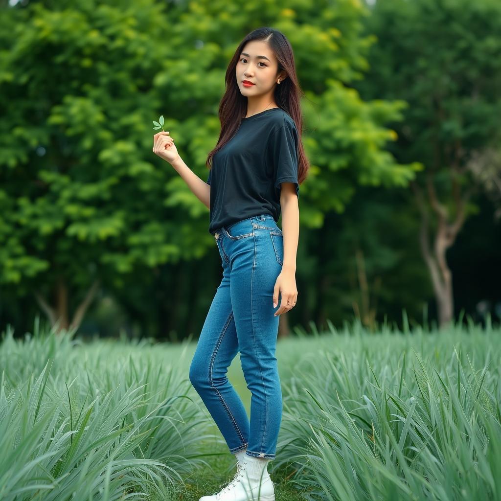 A beautiful Korean woman wearing a black t-shirt, blue jeans, and white platform shoes, standing on tall green grass with lush trees in the background