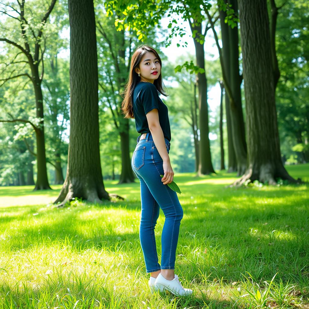 A beautiful Korean woman wearing a black t-shirt, blue jeans, and white platform shoes