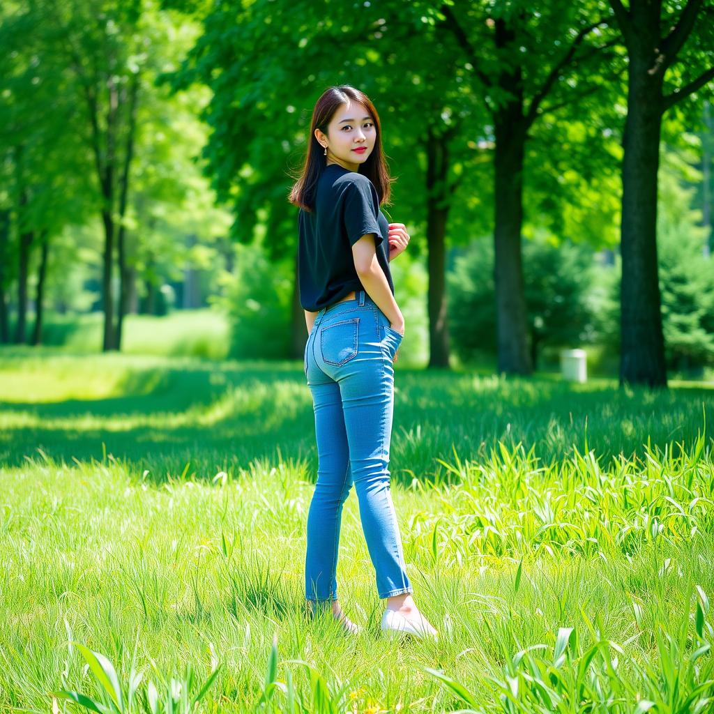 A beautiful Korean woman wearing a black t-shirt, blue jeans, and white platform shoes, standing on long green grass with lush trees in the background