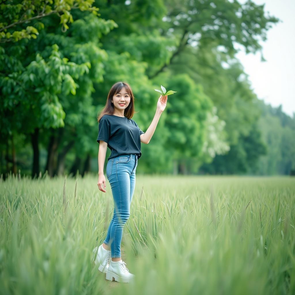 A beautiful Korean woman standing in tall green grass with lush trees in the background, wearing a black t-shirt, blue jeans, and white platform shoes