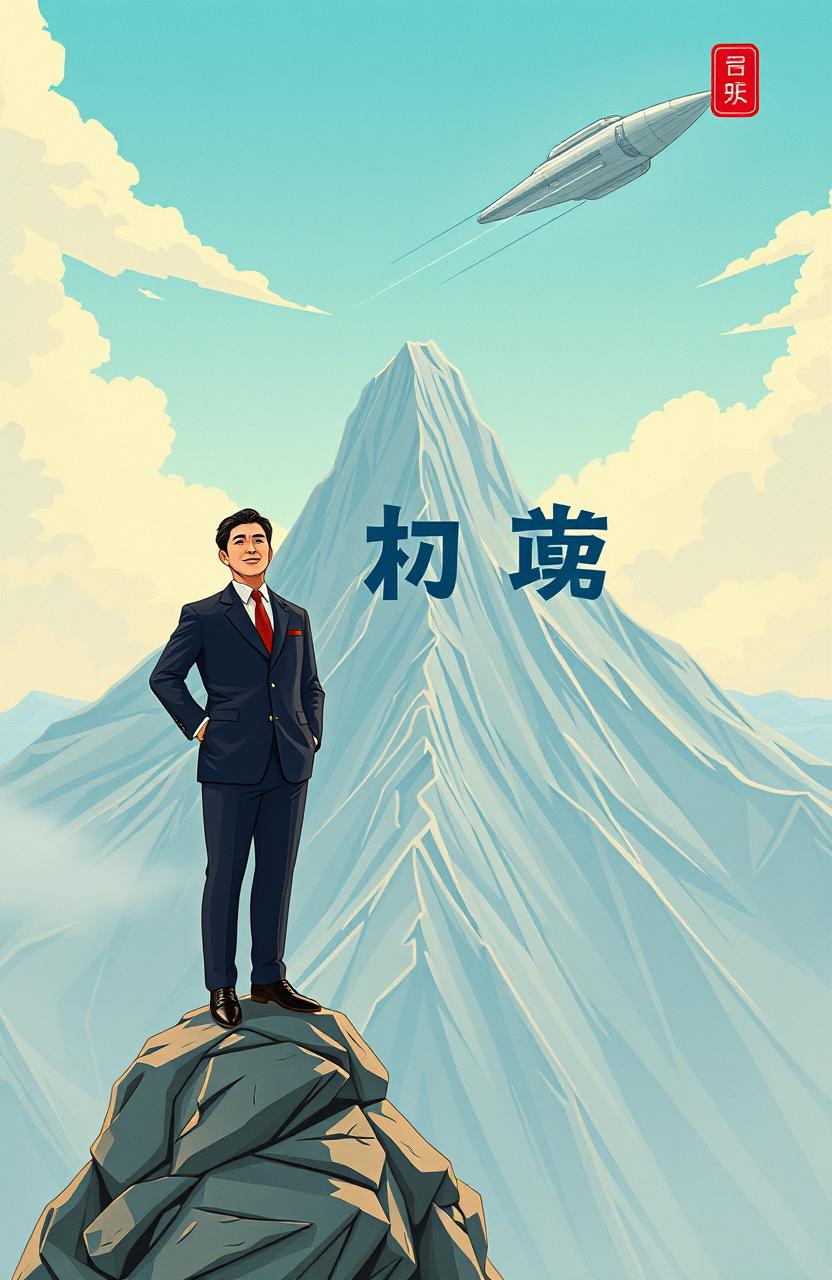 A male political leader standing triumphantly on the peak of a majestic mountain, dressed in an authoritative suit with a confident posture