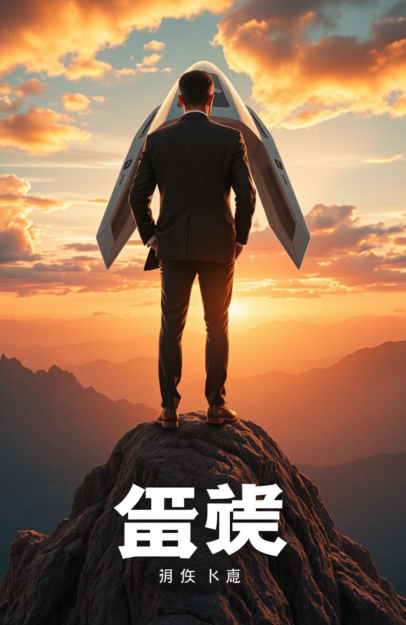A male political leader standing confidently on the top of a majestic mountain, overlooking a breathtaking landscape