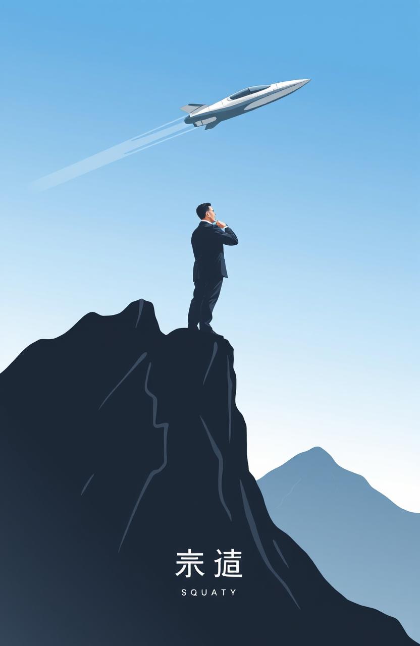A male political leader confidently standing atop a majestic mountain, gazing into the distance with determination