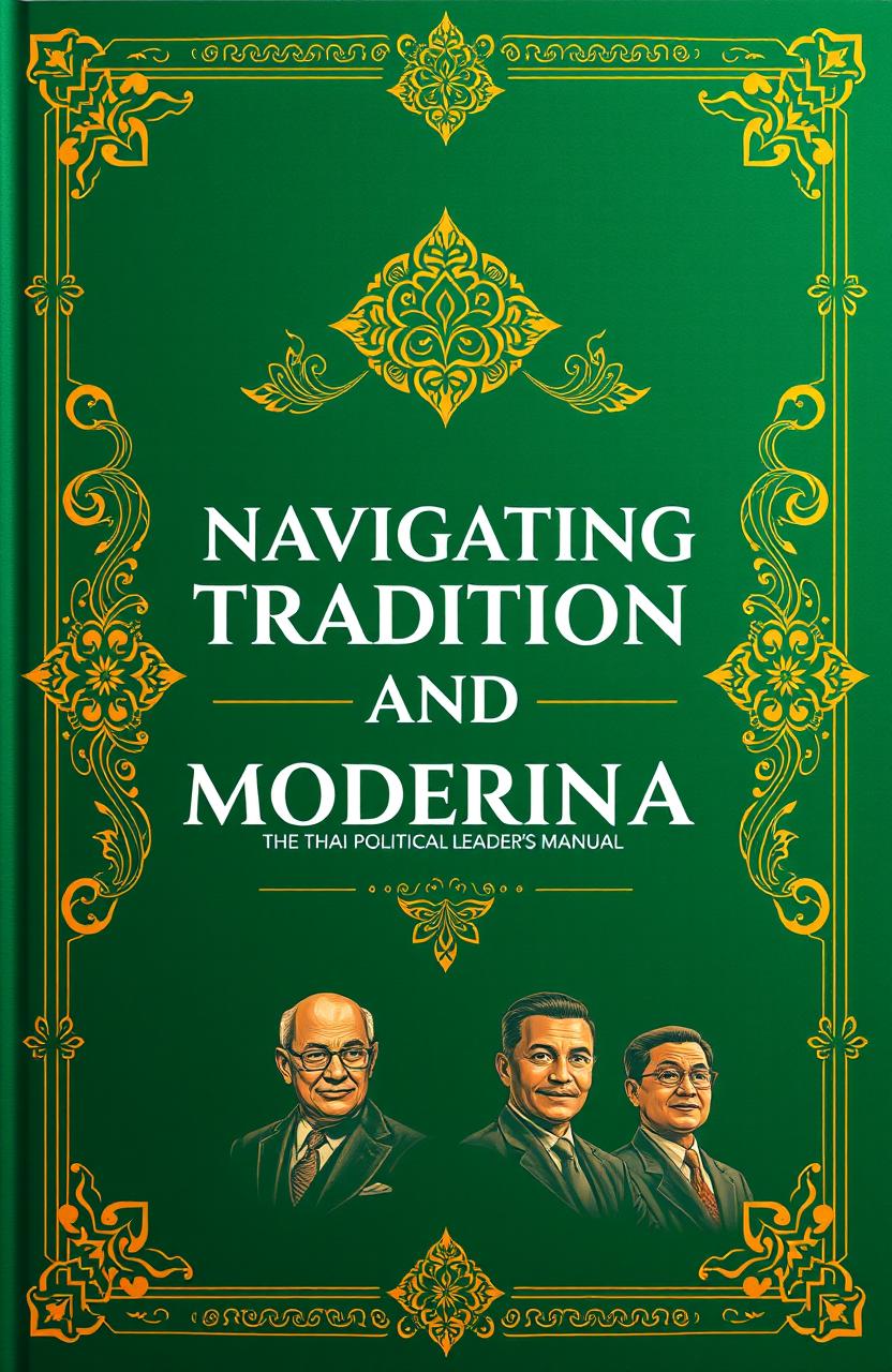 An imaginative book cover design for a manual about Thai political leaders, blending traditional and modern elements seamlessly