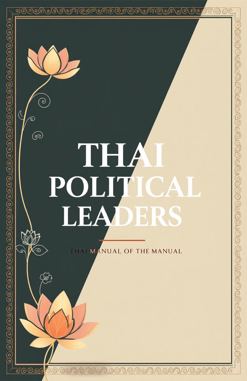 A visually striking book cover for a manual about Thai political leaders, designed with a blend of traditional Thai elements and modern aesthetics