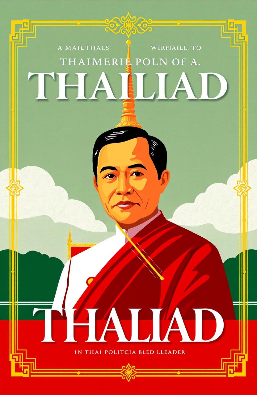 A visually striking book cover for a manual about a Thai political leader, seamlessly blending traditional Thai elements with modern graphic design