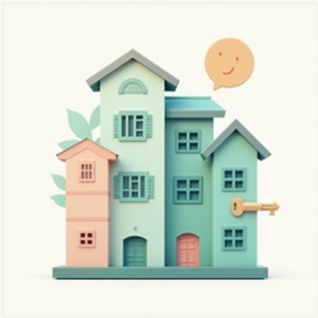 A refined yet playful icon representing property management software, showcasing a stylized apartment building with a friendly wave and a key integrated into the design