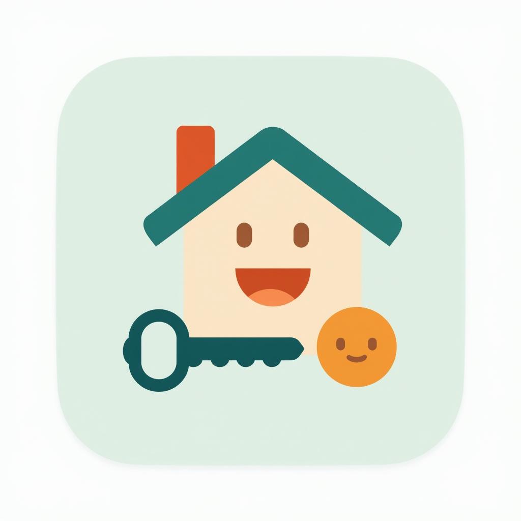 A simplified and elegant icon for property management software, featuring a stylized house with a friendly smile, accompanied by a key