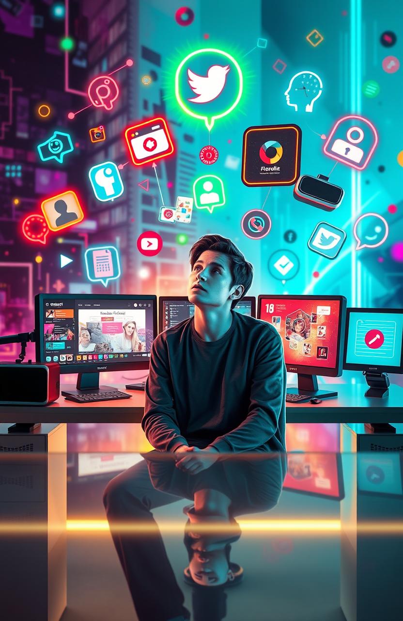 A thought-provoking and modern scene depicting the theme of self-discovery in the digital age