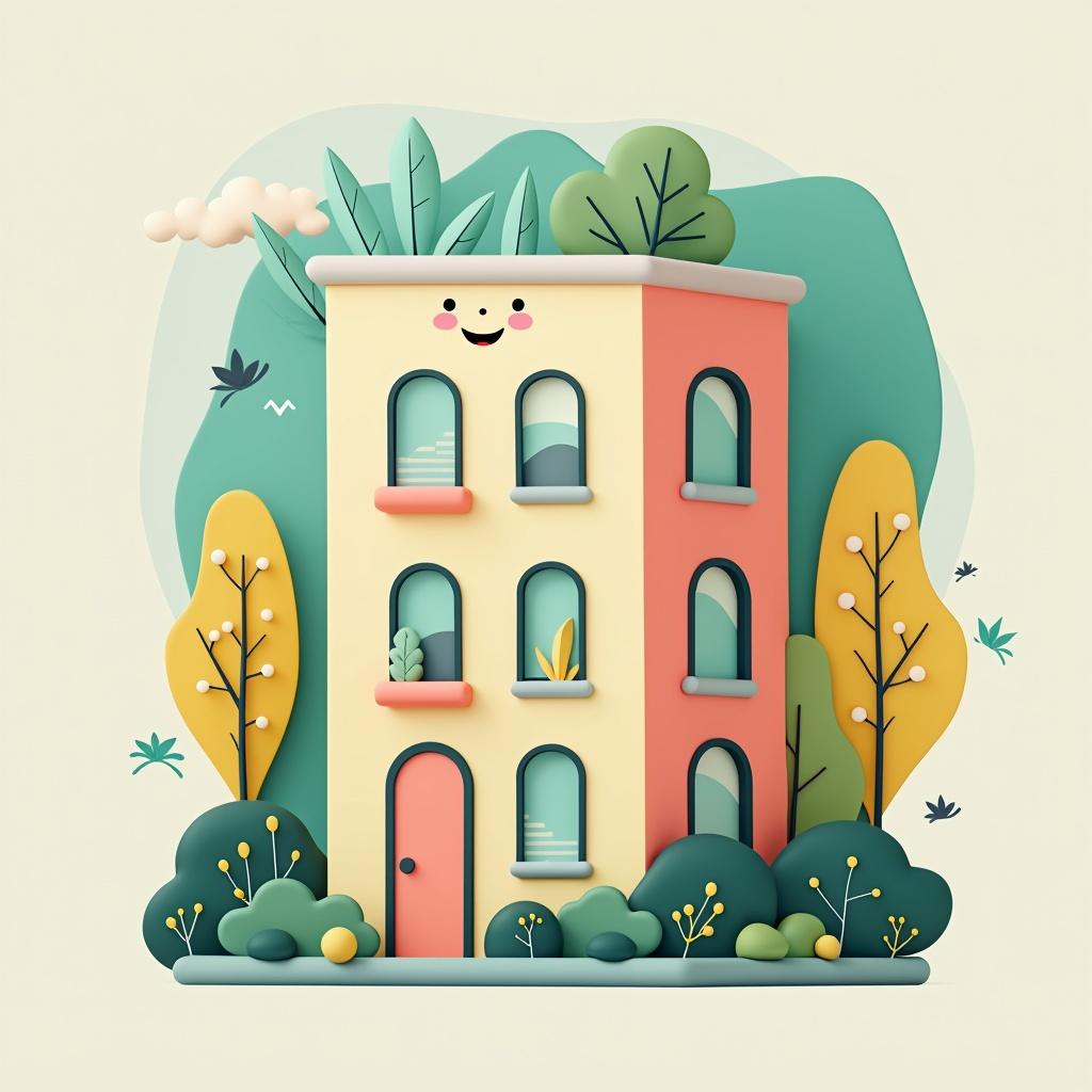 An elegant and playful icon for property management software, showcasing a charming apartment building with rounded edges and a friendly smile