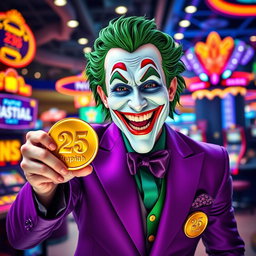 A hyper-realistic depiction of a Joker character dressed in a striking purple suit, exuding joy and excitement with a broad smile