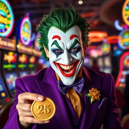 A hyper-realistic depiction of a Joker character dressed in a striking purple suit, exuding joy and excitement with a broad smile