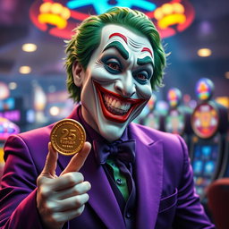 A hyper-realistic depiction of a Joker character dressed in a striking purple suit, exuding joy and excitement with a broad smile