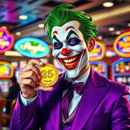 A hyper-realistic depiction of a Joker character dressed in a striking purple suit, exuding joy and excitement with a broad smile