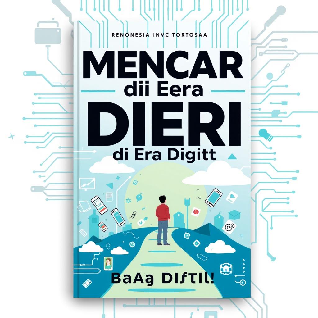 A book cover design titled 'Mencari Diri di Era Digital' in Bahasa Indonesia, featuring a modern and vibrant composition