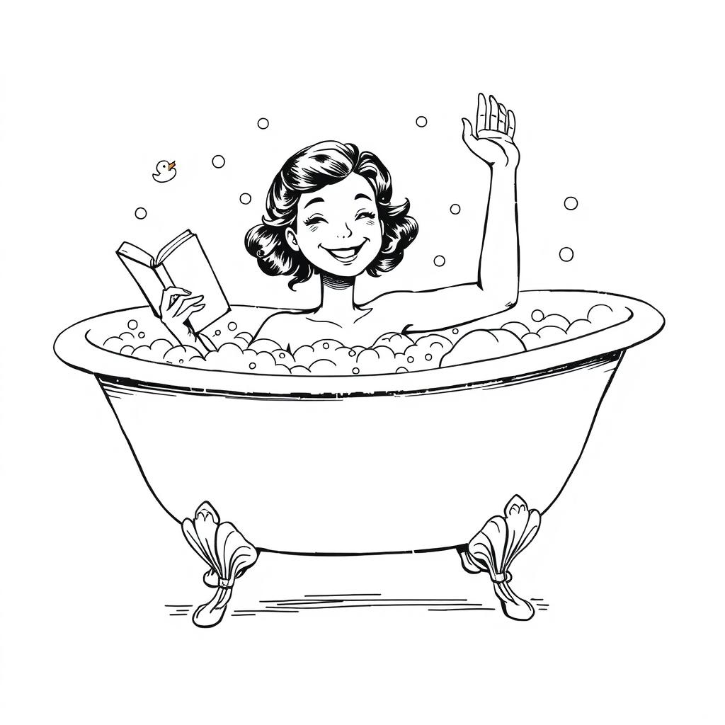 A humorous monochrome illustration of a woman lounging in a vintage claw-foot tub filled with bubbles, her shoulders underwater
