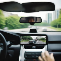 A view from inside a car, with a busy traffic scene visible in the rearview mirror and a smartphone displaying an active chat on the passenger seat.