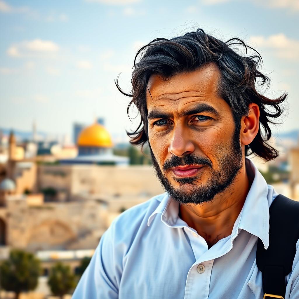 A portrait of an Israeli man, showcasing his facial features and cultural attire