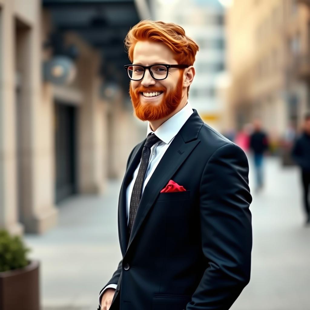 A stylish red-haired Jewish man in an elegant suit, standing confidently with a charming smile