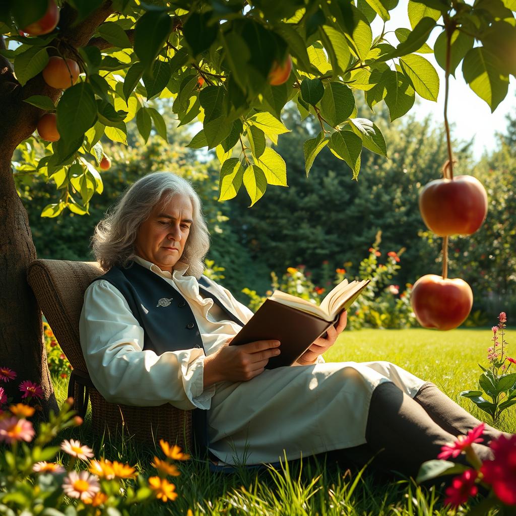 A tranquil scene featuring Isaac Newton reclining in a lush garden, positioned comfortably under the shade of an apple tree