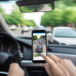 A view from inside a car, with a busy traffic scene visible in the rearview mirror and a smartphone displaying an active chat on the passenger seat.