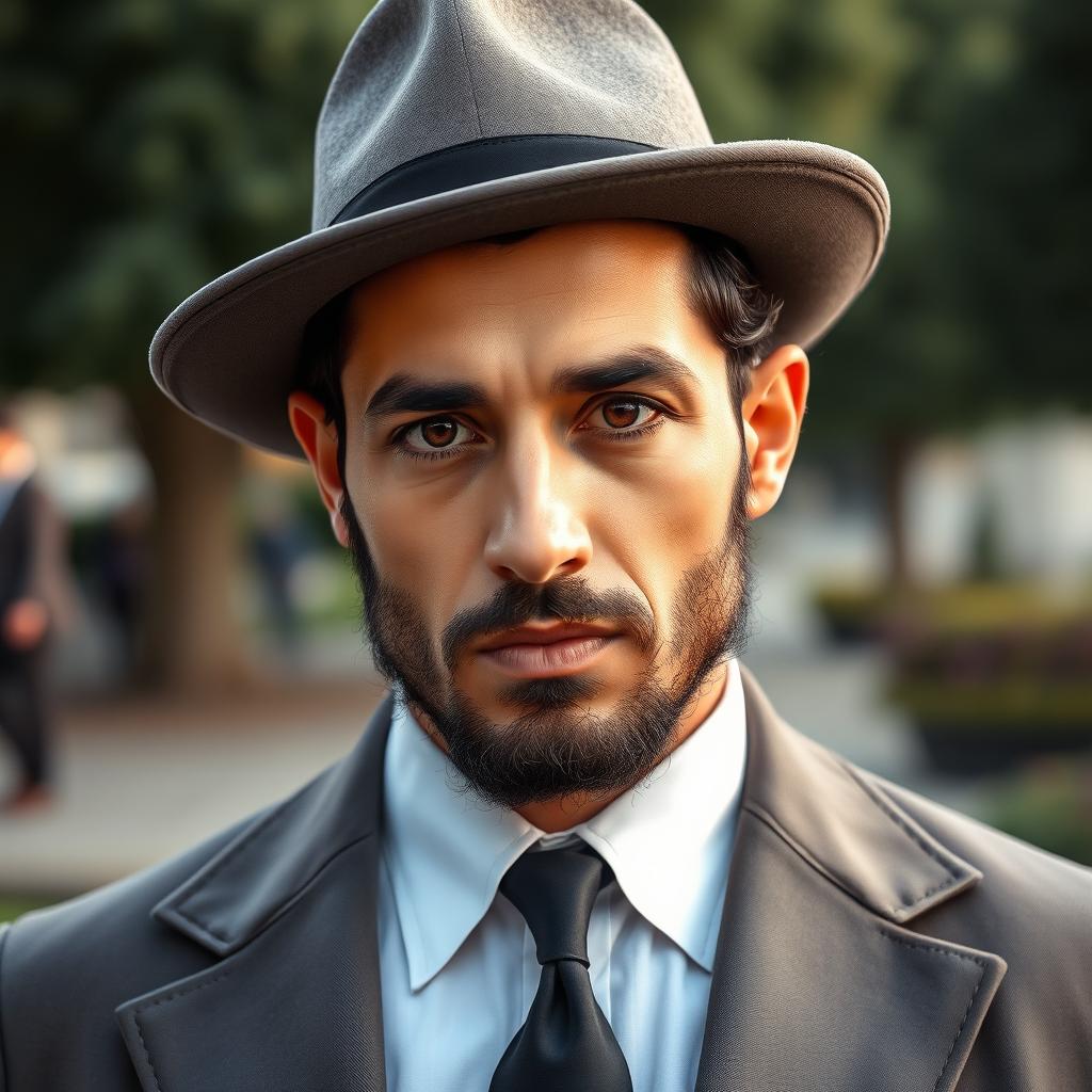A handsome Jewish man, characterized by his striking features, wearing a traditional hat and payot (sidecurls)