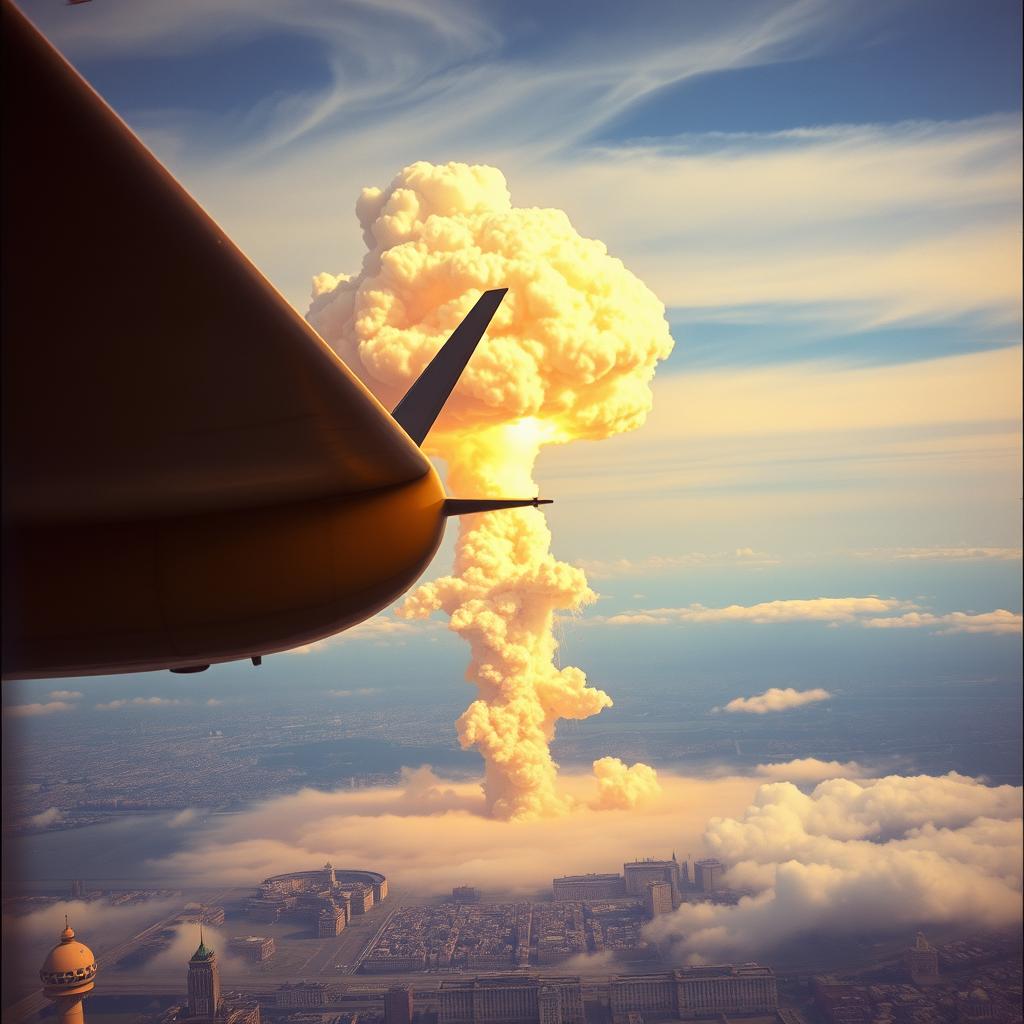 A dramatic depiction of an atomic bomb explosion over Moscow in 1946, viewed from an aircraft at an altitude of 500,000 feet