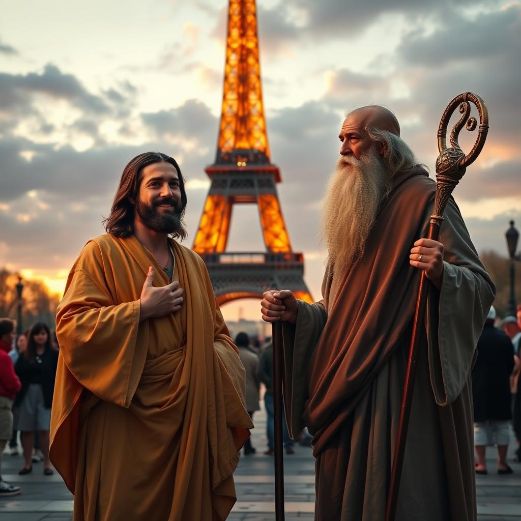A dramatic scene depicting Jesus and Moses meeting in front of the Eiffel Tower