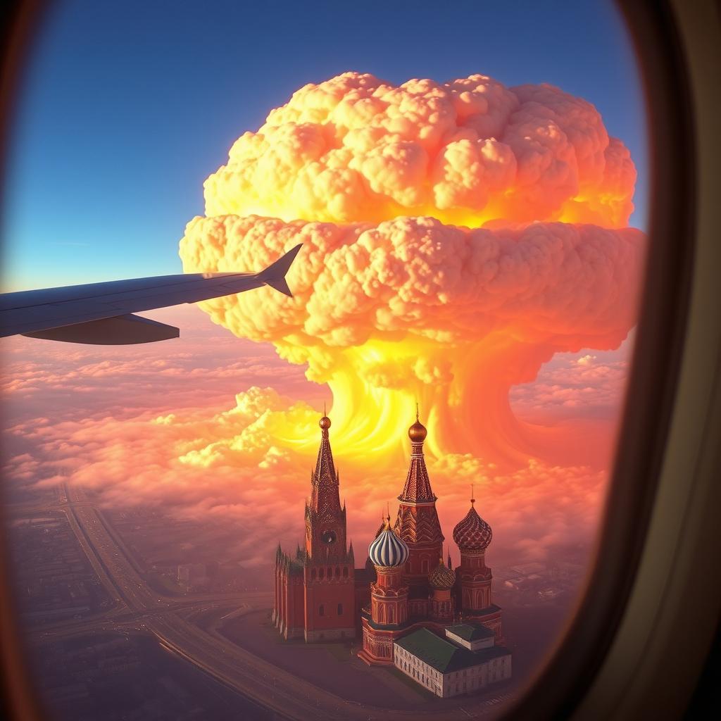 An intense depiction of an atomic bomb explosion over Moscow, specifically showcasing the city's iconic churches, including St