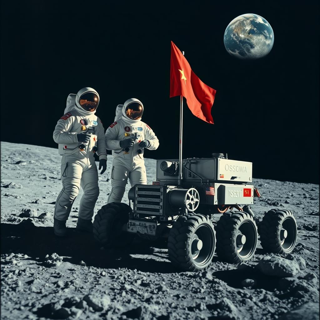 A striking image of Soviet cosmonauts on the moon's surface, standing proudly beside a lunar rover