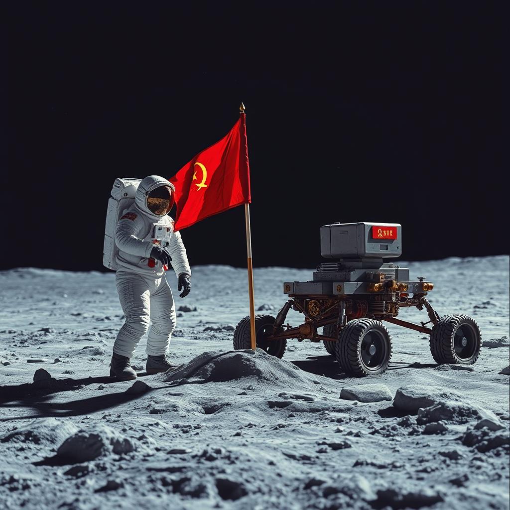 A captivating scene of Soviet cosmonauts on the lunar surface, standing proudly next to a lunar rover