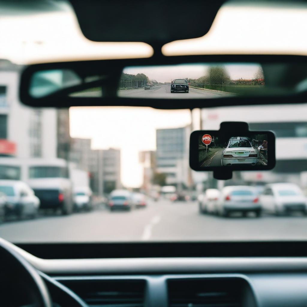 A view from inside a car, with a busy traffic scene visible in the rearview mirror and a smartphone displaying an active chat on the passenger seat.