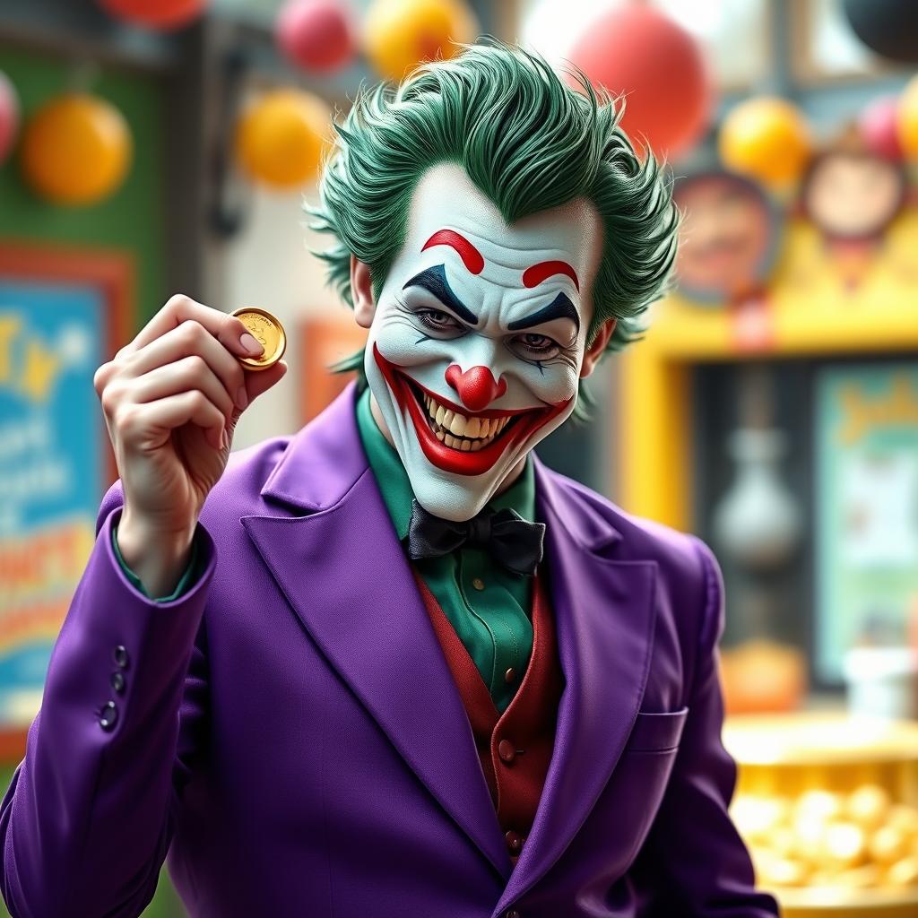 A striking and realistic depiction of a Joker character dressed in a vibrant purple suit, showcasing a joyful and happy smile