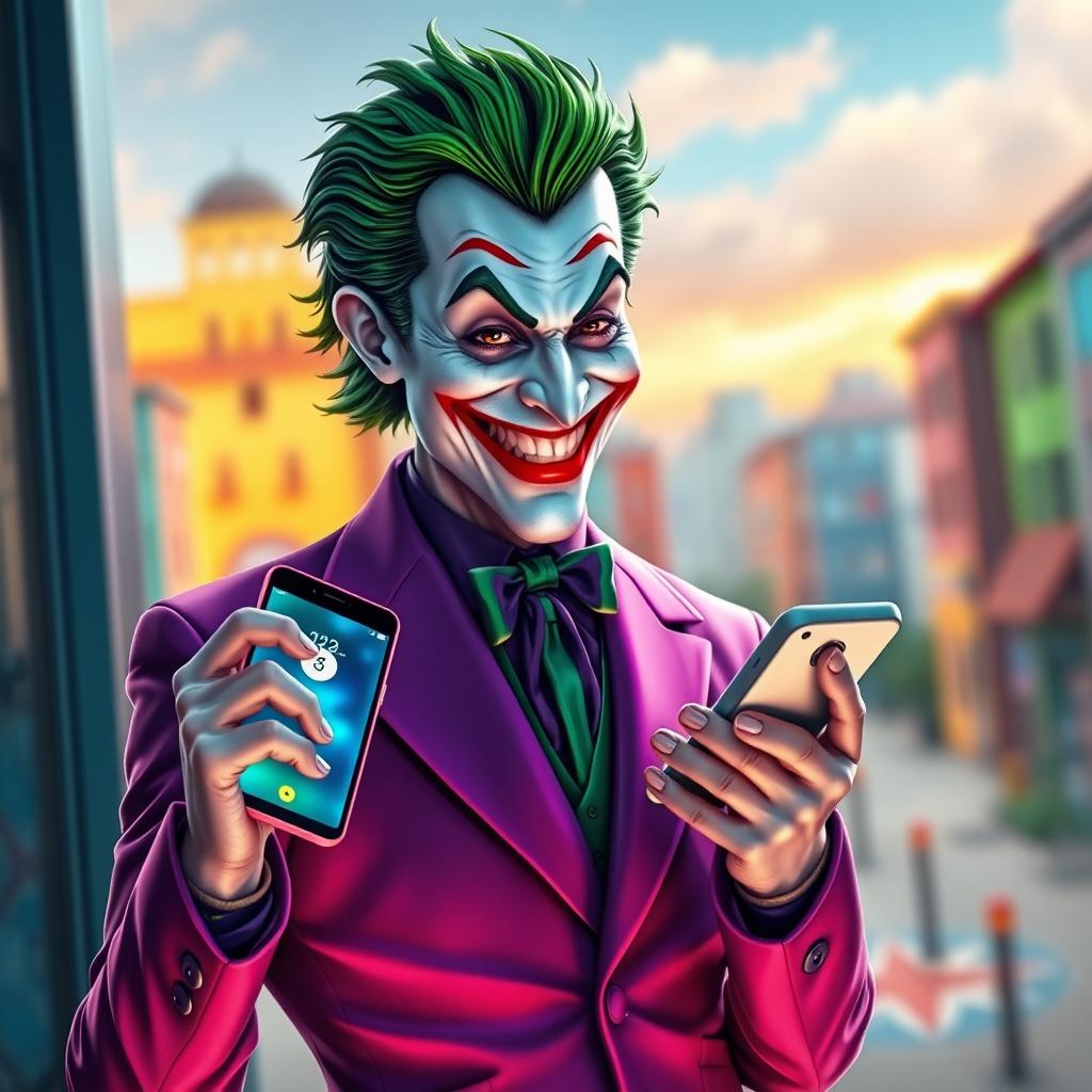 A captivating and realistic portrayal of a Joker character dressed in a vibrant purple suit, holding a cellphone in one hand