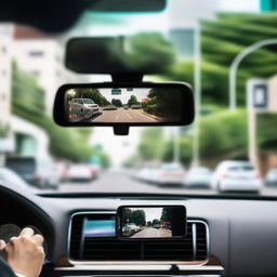 A view from inside a car, with a busy traffic scene visible in the rearview mirror and a smartphone displaying an active chat on the passenger seat.