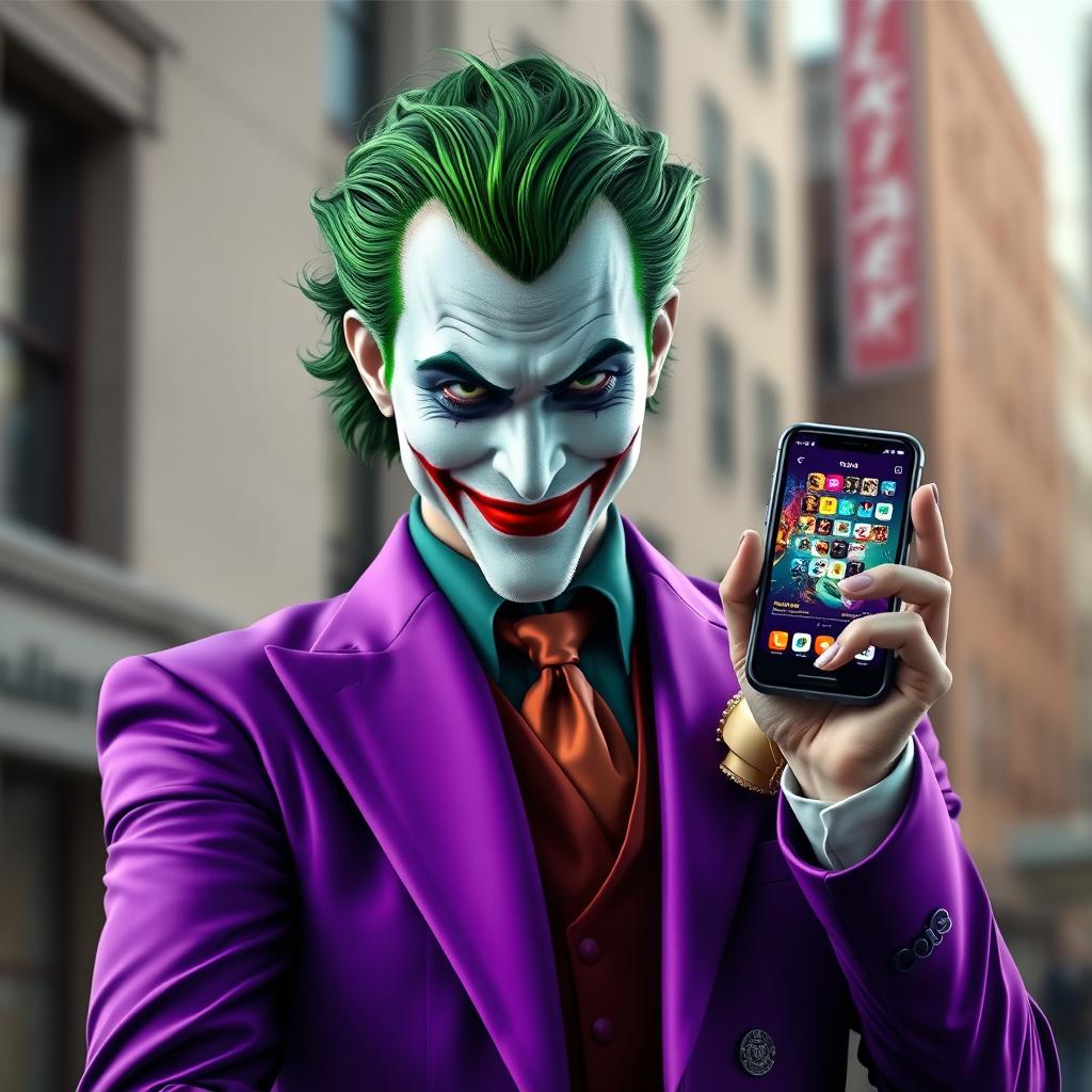 A captivating and realistic portrait of a Joker character dressed in a vibrant purple suit, confidently holding a single cellphone in one hand