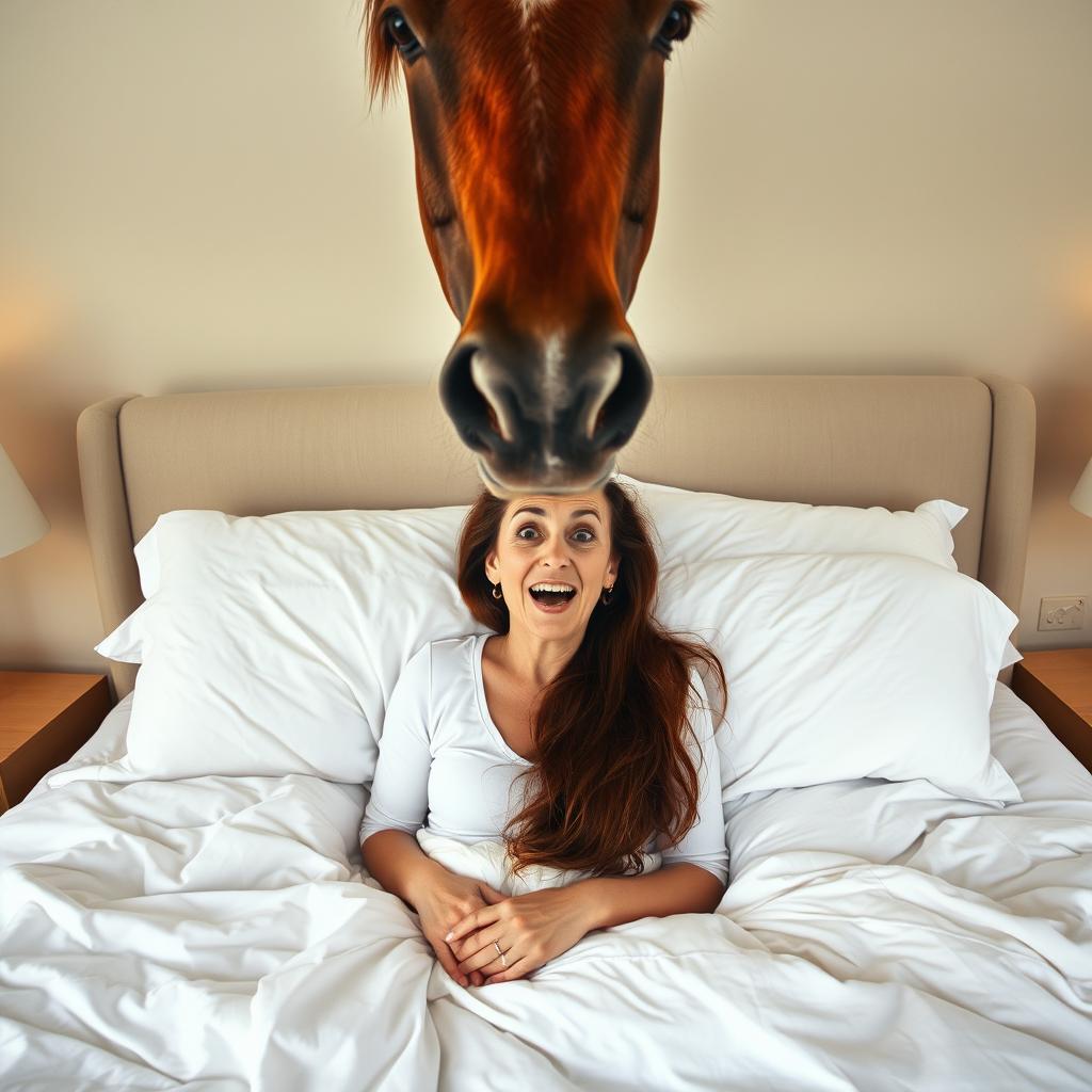 A surreal and unexpected companionship portrait featuring a 60-year-old woman lying comfortably on a spacious bed with crisp white sheets