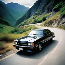 An intense scene of a car swerving wildly, about to skid off a winding mountainous road, with a look of fear reflected in the driver's eyes.