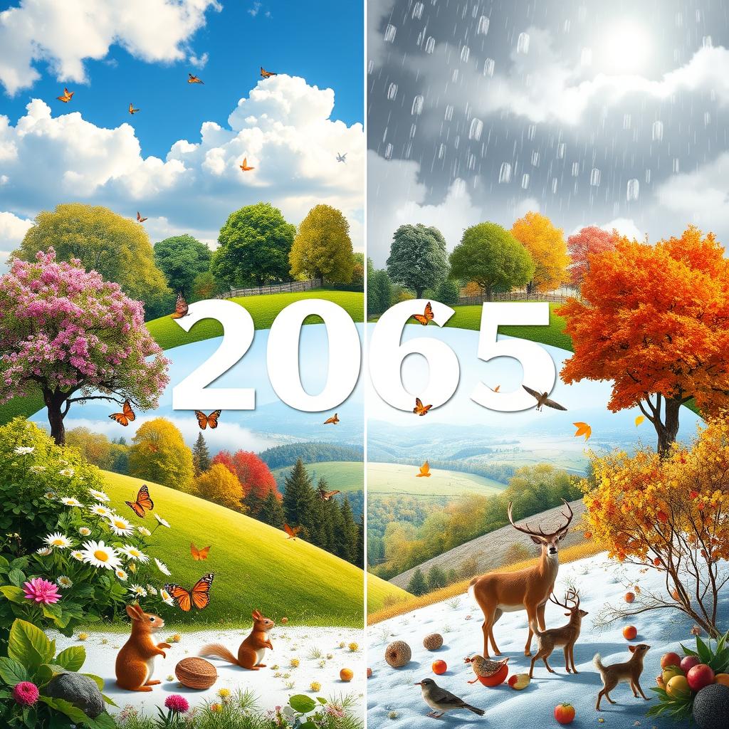 A beautiful scene depicting the passage of time over 365 days, featuring a lush landscape that changes with the seasons, including blooming flowers in spring, vibrant green trees in summer, colorful leaves in autumn, and a serene snowy landscape in winter