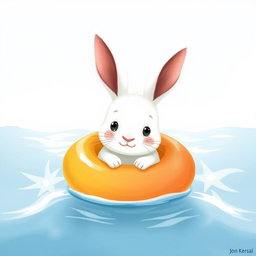 A small white rabbit, adorably snug inside a colorful swimming ring, faces a shimmering body of water with a timid expression