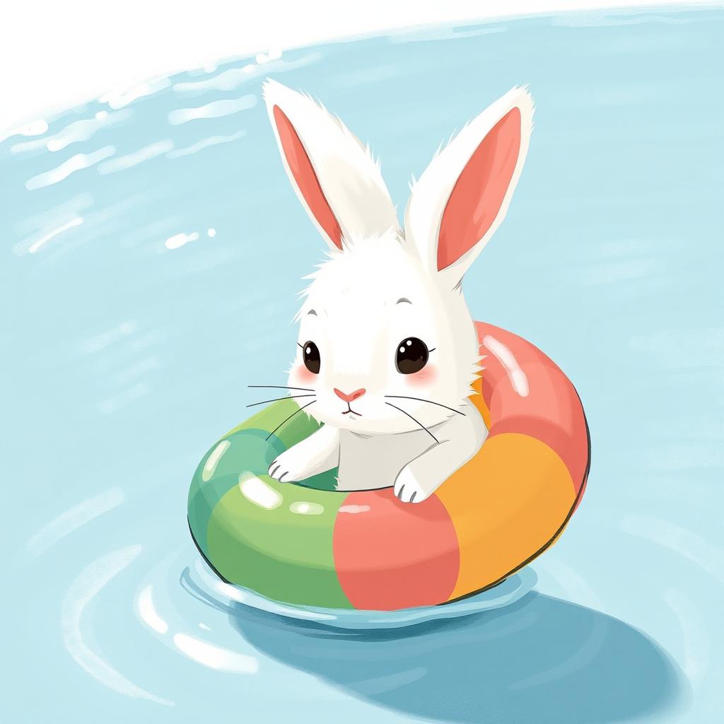 A small white rabbit, adorably snug inside a colorful swimming ring, faces a shimmering body of water with a timid expression